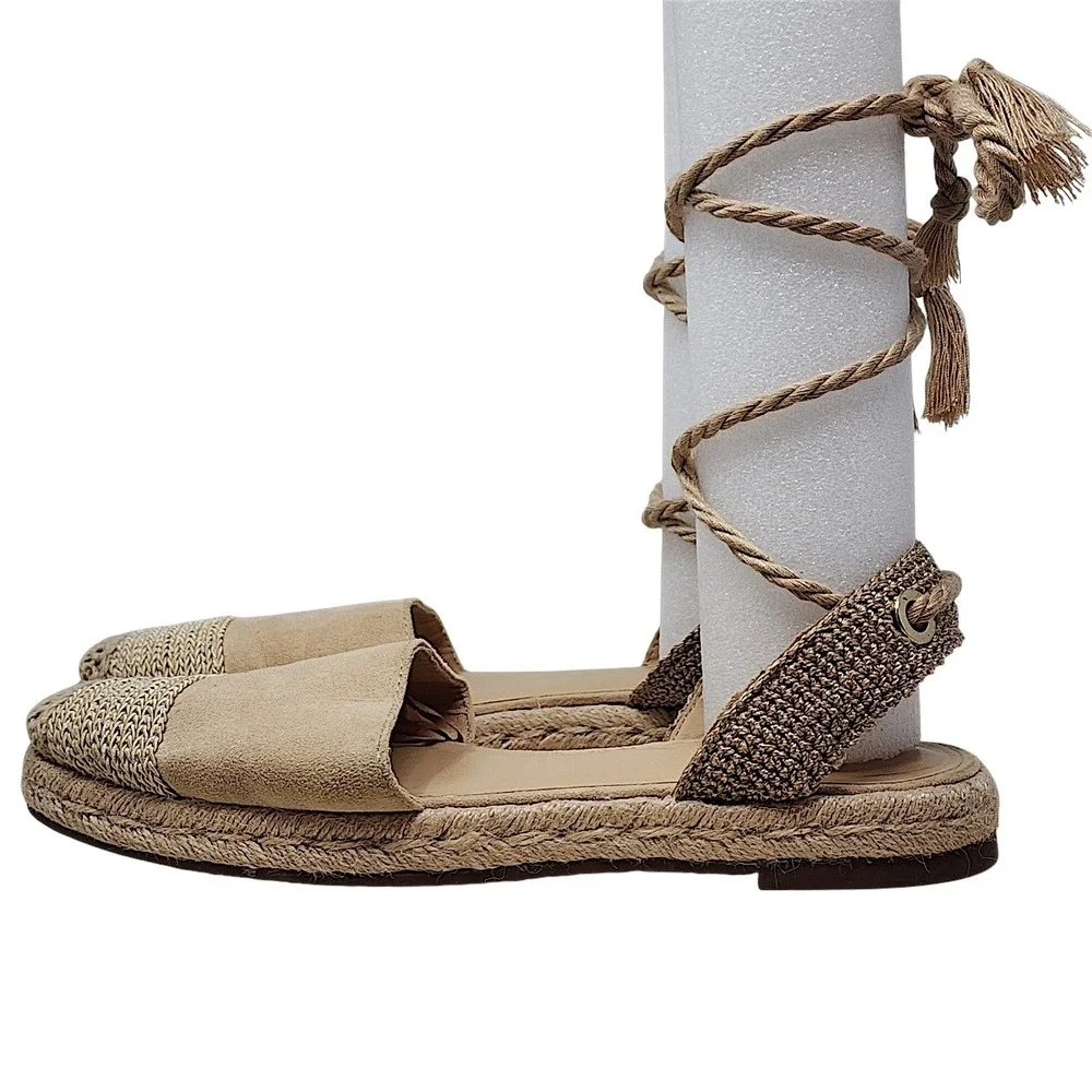 Zara Espadrille Sandals 39 8 Wom Gladiator Beige Lace Up Tassel Rope Flat Summer